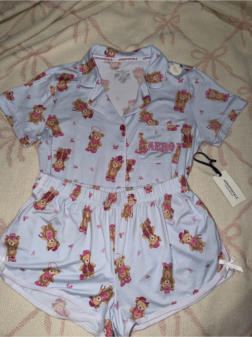 Aeropostale Light Blue Teddy Bear Short Pajama Set with Pink Accents